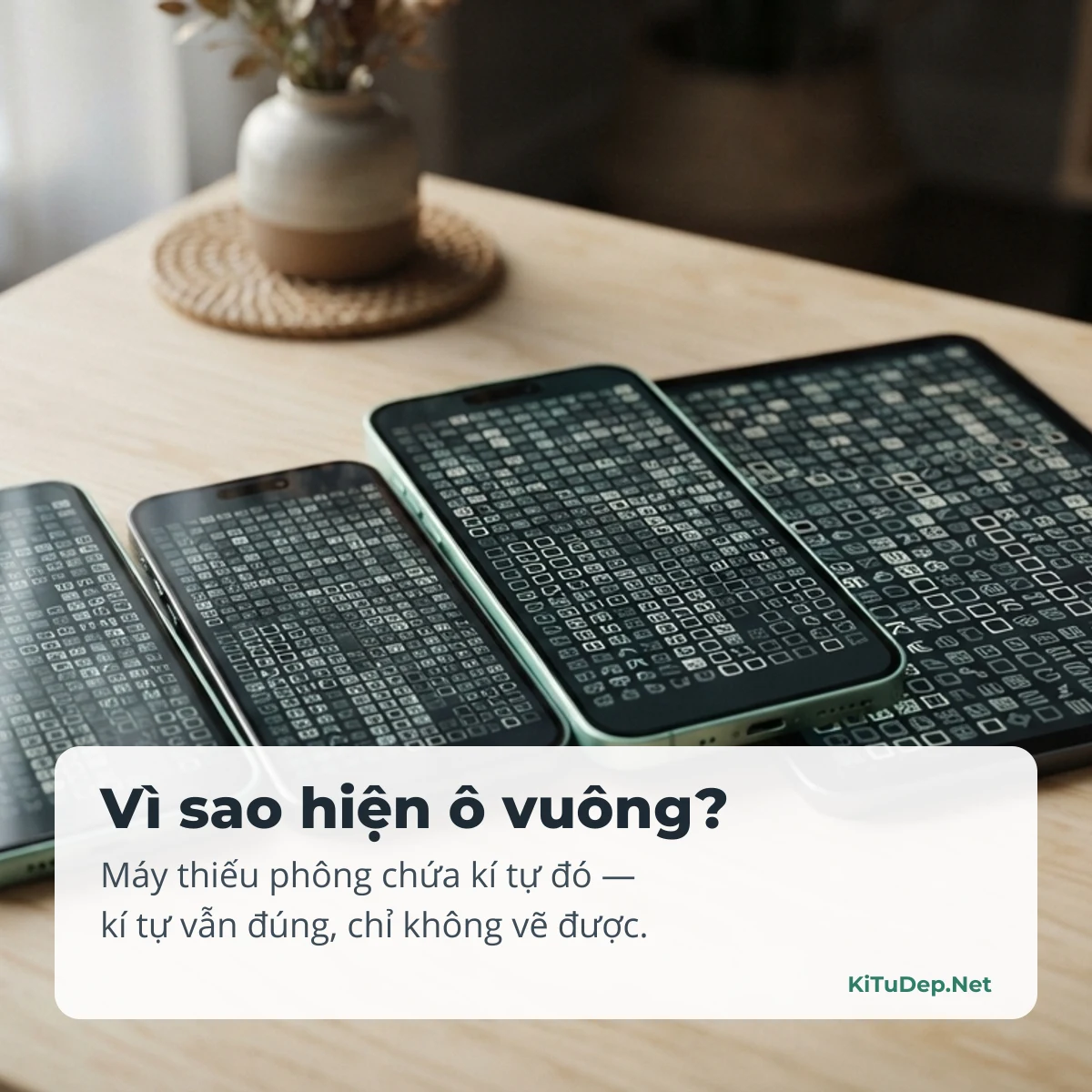 Vì sao kí tự đặc biệt hiện ô vuông: máy thiếu phông chứa kí tự đó