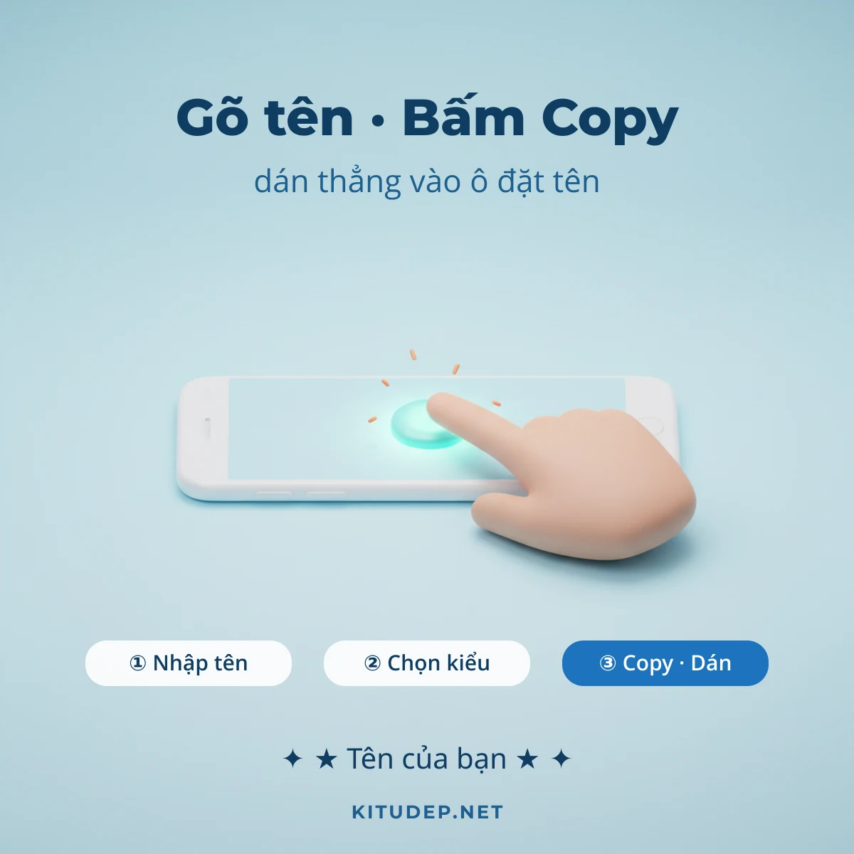 Máy tạo tên kí tự đẹp: nhập tên, chọn kiểu kí tự đặc biệt, bấm copy rồi dán vào ô đặt tên
